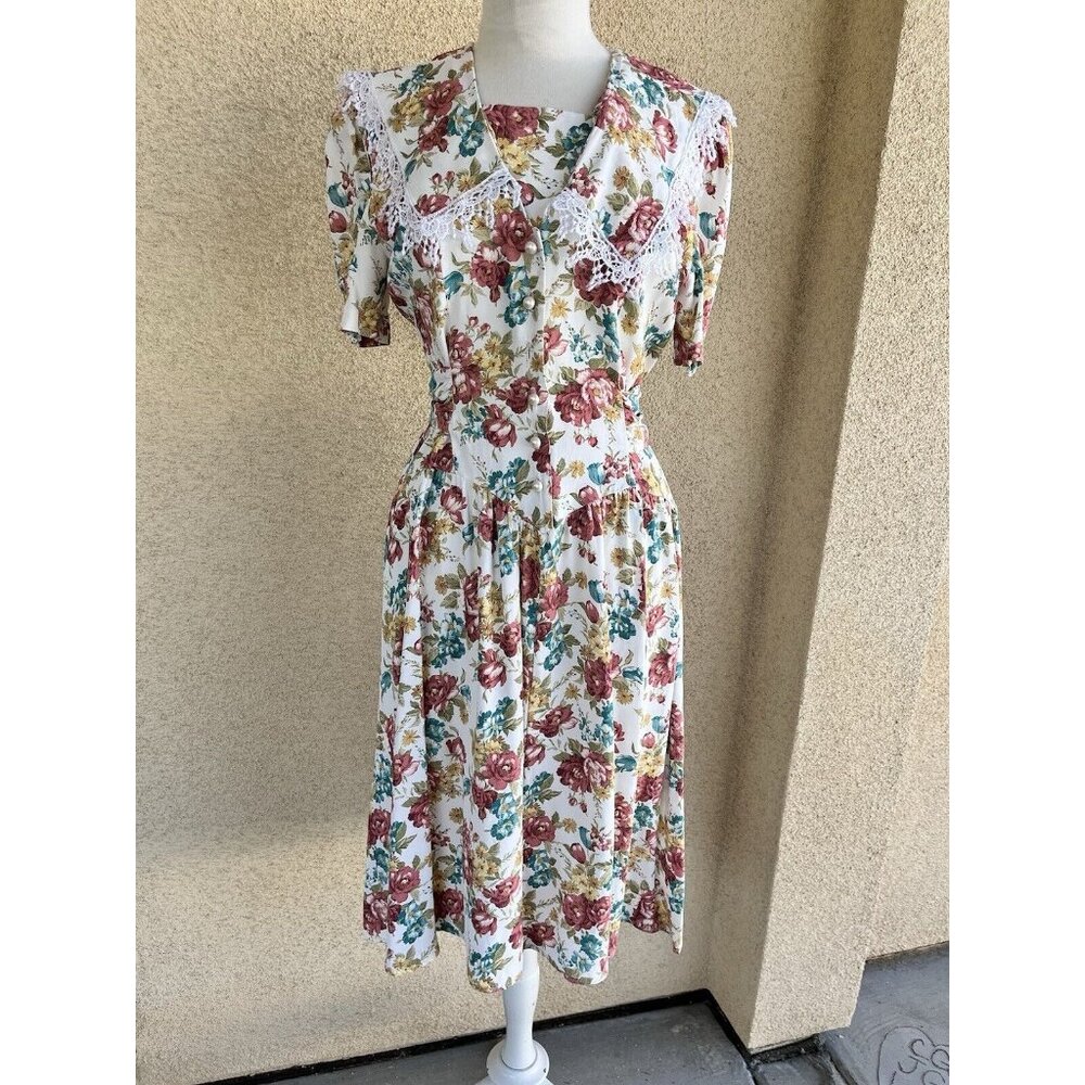 Blondie & Me Vtg Dress Size 11 Prairie Floral Lace Cottegecore Y2K drop waist.